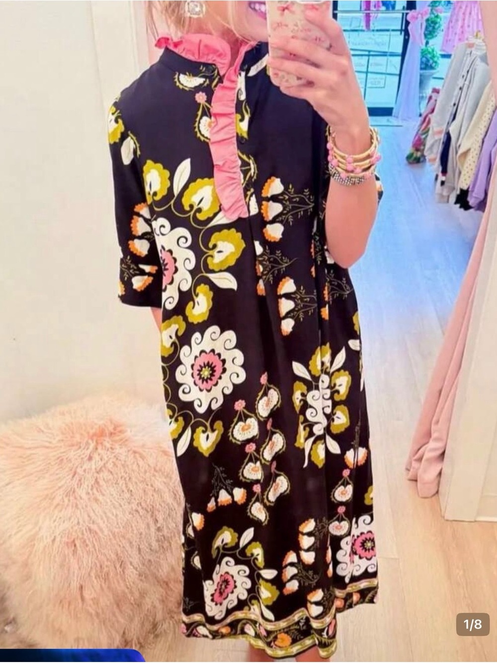 Navy Floral Ruffle-Trim Dress